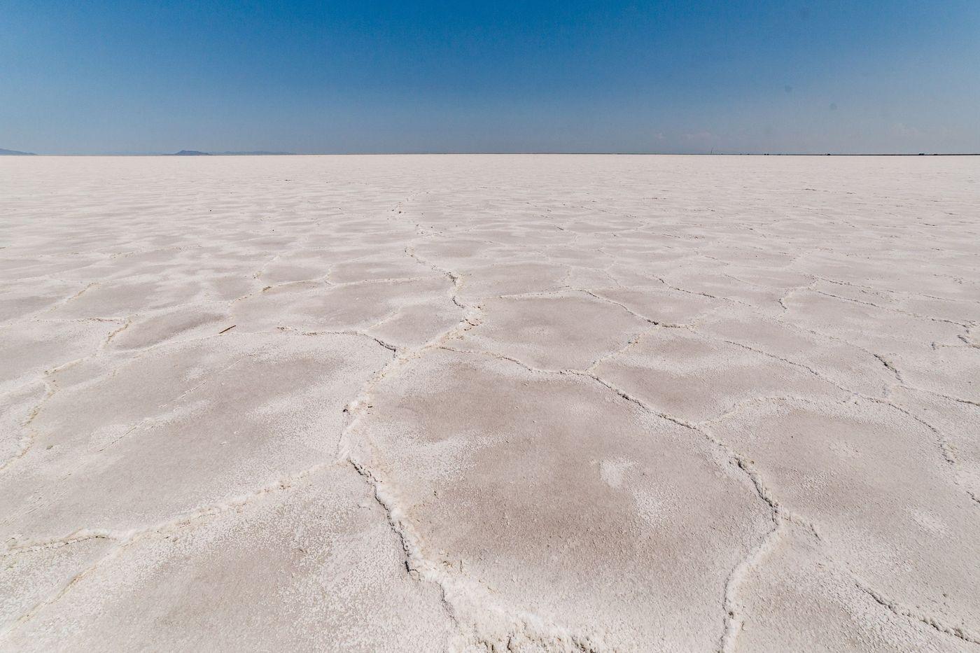 Geometric salt crust patterns across a dry lakebed under a clear blue sky